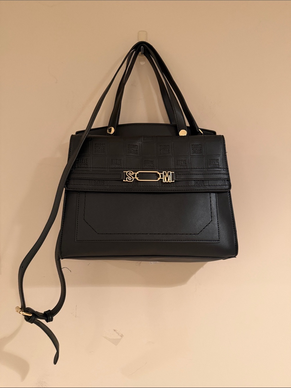 Black Structured Tote Handbag with Gold Hardware